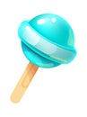 Cartoon lollipop. Sweet caramel dessert. Isolated round candy on stick. Unhealthy childish food. Shiny blue bonbon Royalty Free Stock Photo