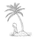 Cartoon of Lonely Man or Businessman Sitting on Small Island under Palm Tree