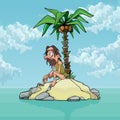 Cartoon lonely man on a small island with a palm tree Royalty Free Stock Photo
