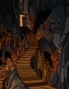 Cartoon long stone staircase descending into the cave