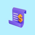 Cartoon look dollar invoice icon 3d render concept for Bill or statement
