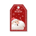 Cartoon looking red Christmas tag or label with singing song Santa Claus in hat. Xmas gift tag, invitation banner, sale or discou