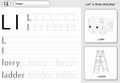 Cartoon lorry and ladder. Alphabet tracing worksheet: writing A-Z and educational game for kids