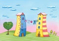 Cartoon love houses with clothes line and a love tree.