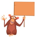 Cartoon lovely monkey holding a wooden sign. Vector illustration