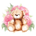 Cartoon lovely Teddy Bear toy Saint Valentine`s day rose peony flower art isolated