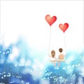 Cartoon lover couple is sitting on red heart balloon swing, being on sky background, Happy Valentines Day concept, Vector Illustra