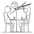 Cartoon of Loving Couple of Man and Woman Sitting Behind Table in Restaurant While Violinist is Playing Romantic Music