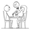 Cartoon of Loving Couple of Man and Woman Sitting Behind Table in Restaurant While Waiter is Pouring Wine Royalty Free Stock Photo