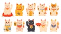 Cartoon lucky cats, Japanese Maneki neko, oriental funny cats. Money and richness fortune asian kittens vector symbols Royalty Free Stock Photo