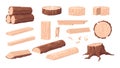 Cartoon lumber. Wood materials. Forest tree trunk and log. Branches with bark. Wooden plank and stump. Oak or pine