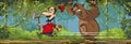 Cartoon lumberjack with an ax is running away from an angry bear