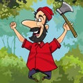 Cartoon lumberjack with axe joyously jumping in the forest Royalty Free Stock Photo