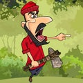 Cartoon lumberjack with axe threatening finger pointing in the forest