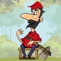 Cartoon lumberjack with a stone axe sitting on a bench in the woods Royalty Free Stock Photo