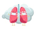 Cartoon lungs character with breathing hygiene mask on face and smoke or dust cloud. Human respiratory system lung