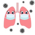 Cartoon lungs with protection mask and virus cells. 2019-nCov novel coronavirus concept