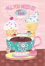 Cartoon macaroon, ice cream and cake sitting on painted cup of tea with flower pattern
