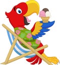 Cartoon macaw sitting on beach chair and eating an ice cream Royalty Free Stock Photo