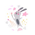 Cartoon magic bunny, stars, decor elements. Cute colorful vector illustration for kids. flat style, hand drawing.