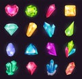 Cartoon magic crystals and precious gems, raw material gemstones. Glowing crystal, shiny jewel stone, fantasy gemstone