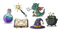 Cartoon magic elements with dragon and potion on a white background. Royalty Free Stock Photo