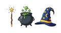 Cartoon Magic Elements: Wand, Cauldron, Wizard Hat on White Background Royalty Free Stock Photo