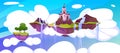 Cartoon magic pink castle and waterfall on floating island Royalty Free Stock Photo