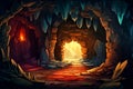 Cartoon magic stone cave entrance. Dark rock tunnel burning fire. Underground abandoned rocky cave. Light at the end of the tunnel Royalty Free Stock Photo