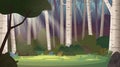 Cartoon magic summer birch forest glade with sunbeams. Forest wilderness landscape. Royalty Free Stock Photo