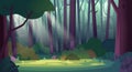 Cartoon magic summer jungle forest glade with sunbeams. Forest wilderness landscape. Royalty Free Stock Photo