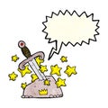 cartoon magical sword in stone with speech bubble