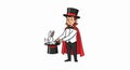 Cartoon magician in top hat and cape pulls a white rabbit out of a black hat, performing magic trick Royalty Free Stock Photo