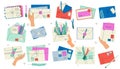 Cartoon mail envelopes. Handwritten letters with stamps and postmarks, old-fashioned postcard and letter delivery. Vector