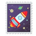 Cartoon mail stamp with image of cosmos on white background. Vector illustration for kids