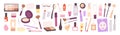 Cartoon makeup tools. Decorative cosmetics and brushes. Female daily skin care accessories. Isolated doodle lip gloss