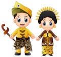 Cartoon malaysia couple wearing traditional costumes