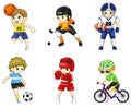 Cartoon male athlete icon in various type of sport