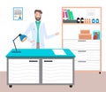 Cartoon male bearded doctor wearing white coat in medical office standing pointing a hand