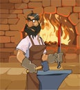 Cartoon male blacksmith forges a sword and menacingly looks back Royalty Free Stock Photo