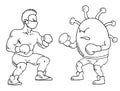 Cartoon male boxer fighting against coronavirus wearing boxing gloves