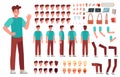 Cartoon male character kit. Man animation body parts, guy in casual clothes. Boy constructor with hand gestures and various heads Royalty Free Stock Photo