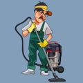 Cartoon male cleaner in uniform with vacuum cleaner