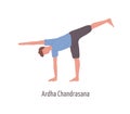 Cartoon male demonstrating ardha chandrasana pose isolated on white. Yogi man standing in Half Moon position vector flat