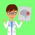 Cartoon male doctor character showing image of unhealthy brain. Healthcare concept.