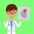 Cartoon male doctor character showing image of unhealthy spleen. Healthcare concept.