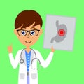 Cartoon male doctor character showing image of unhealthy stomach. Healthcare concept.