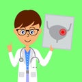 Cartoon male doctor character showing image of unhealthy urinary bladder. Healthcare concept.