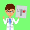 Cartoon male doctor character showing image of unhealthy  uterus. Healthcare concept. Royalty Free Stock Photo