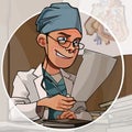 Cartoon male doctor working in the office on the background of a circle